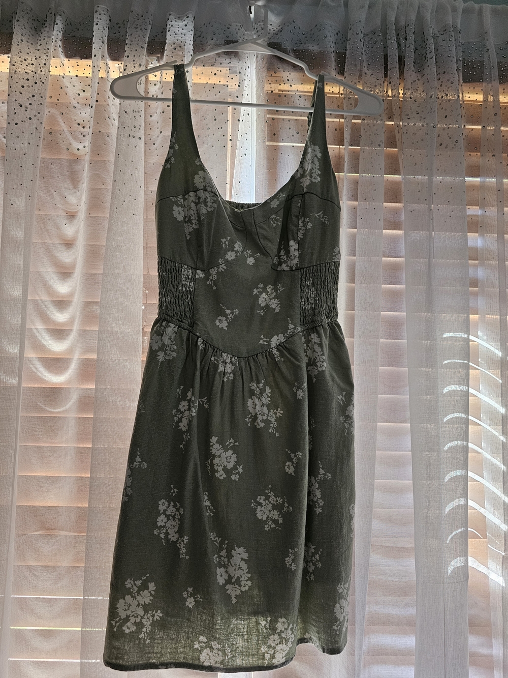 Hollister Linen Blend Light Sage Green Smocked Mini Dress